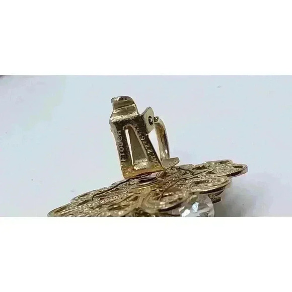 Vintage Earrings Clip Gold Filigree AB Crystal Dangle Soft Touch 1950 Fancy - Picture 8 of 9